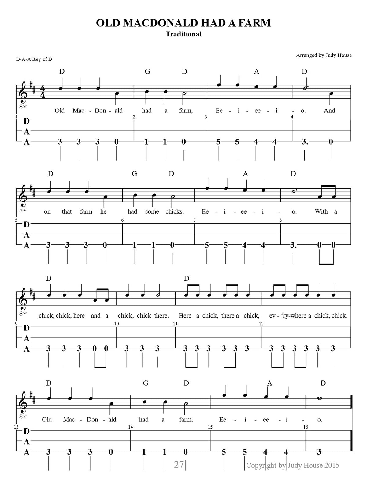 Old MacDonald Had A Farm in dulcimer tab, from Dulcimers In The Schools, Student Edition by Judy House and Carol Crocker