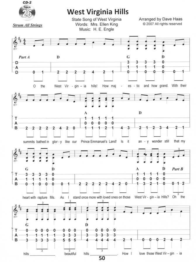 West Virginia Hills in mountain dulcimer tab, from Fun Fiddle Tunes