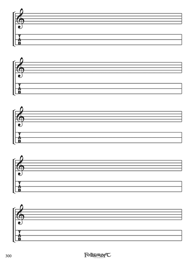Blank staff and tab lines page from Giant Book Of Staff Paper For Mountain Dulcimer by Richard Ash