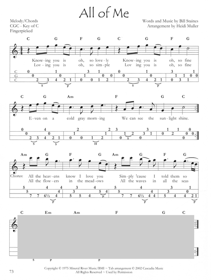 All of Me in mountain dulcimer tab, from So Sang The River by Heidi Muller