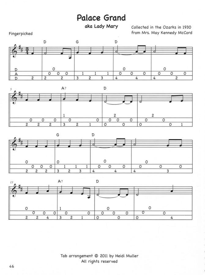 Palace Grand in dulcimer tab, from Waltzes For The Mountain Dulcimer II by Heidi Muller
