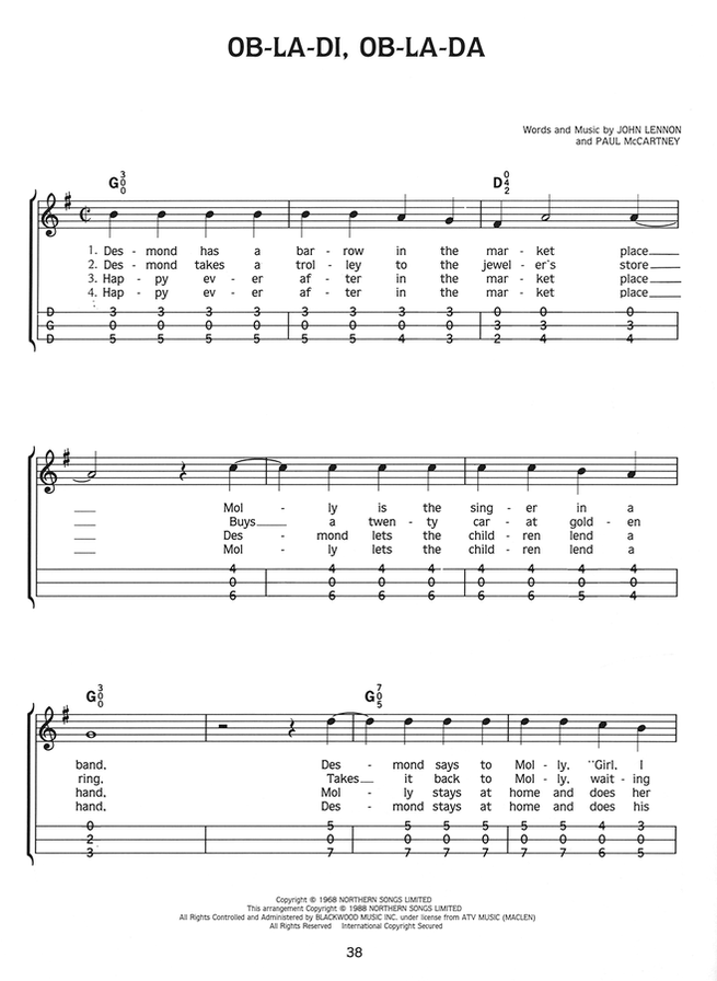 Ob-La-Di, Ob-La-Da in mountain dulcimer tab, from Hits Of The Beatles