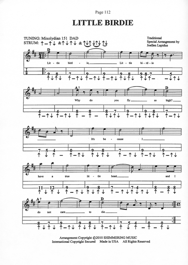 Little Birdie in dulcimer tab, from Lapidus On Dulcimer 2 by Joellen Lapidus