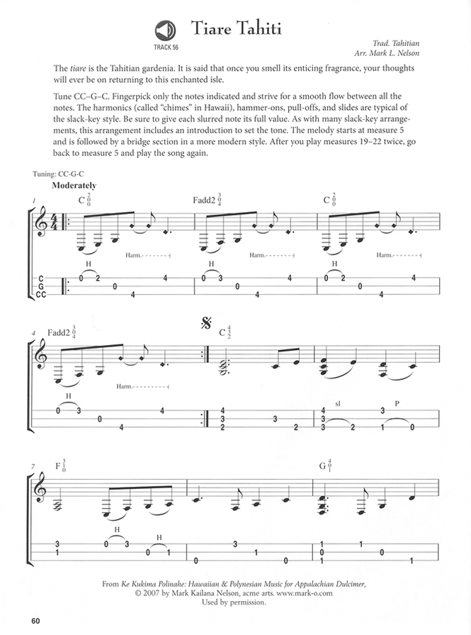 Tiare Tahiti in mountain dulcimer tab, from Music Of The World For Mountain Dulcimer by Neal Hellman