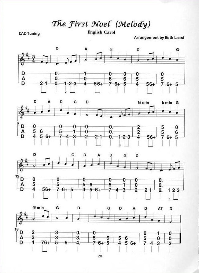 The First Noel (Melody) in mountain dulcimer tab, from Tunes For Two Or More, Vol. 4: Christmas Edition