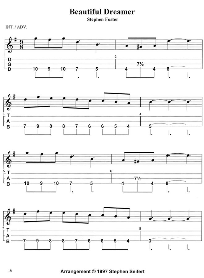 Beautiful Dreamer in mountain dulcimer tab, from The Early Years by Stephen Seifert