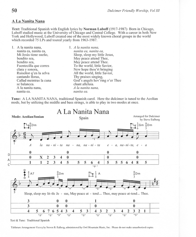 A La Nanita Nana in mountain dulcimer tab, from Dulcimer-Friendly Worship, Vol. 3