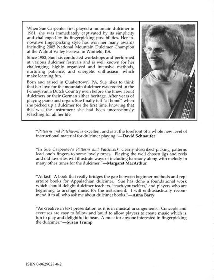 Back cover of Patterns And Patchwork by Sue Carpenter with author photo and reviews