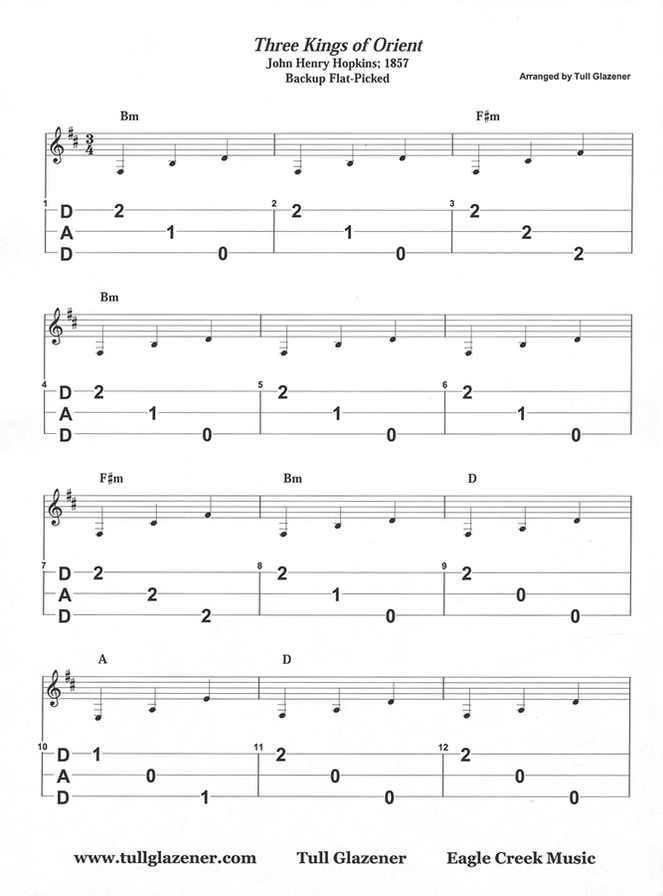 Three Kings of Orient in mountain dulcimer tab, from Dulcified Christmas by Tull Glazener