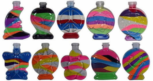 Ten bottles filled with colorful sand art