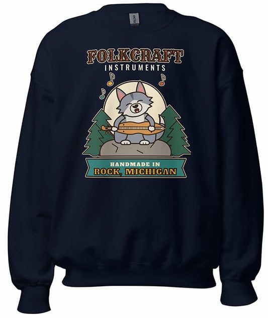 Folkcraft Instruments sweatshirt design with a wolf pup sitting on a rock playing the dulcimer
