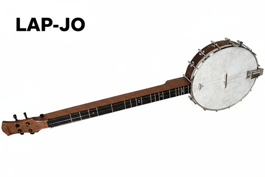 A Folkcraft LAP-JO banjo dulcimer hybrid instrument with a mahogany body and a white banjo head.