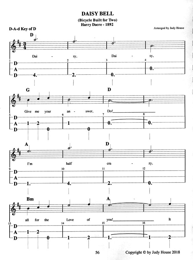 Daisy Bell in dulcimer tab, from Beginner's Guide To Mountain Dulcimer, Book 1 by Judy House and Carol Crocker