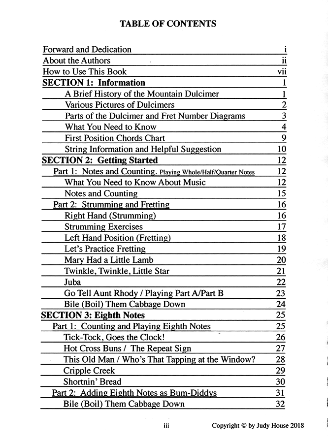 Table of contents of Beginner's Guide To Mountain Dulcimer, Book 1 by Judy House and Carol Crocker