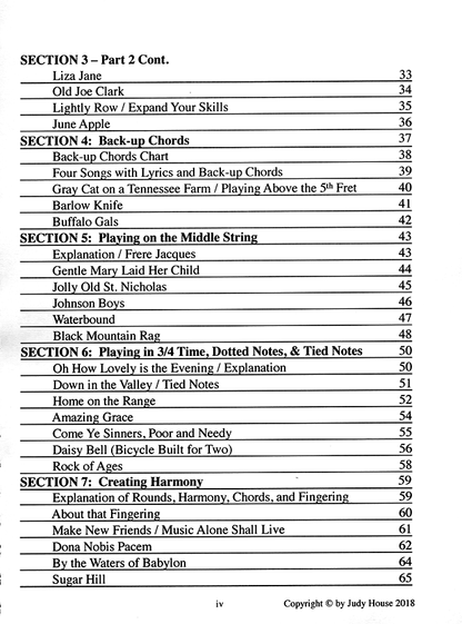Table of contents, continued (sections 3 to 7), of Beginner's Guide To Mountain Dulcimer, Book 1