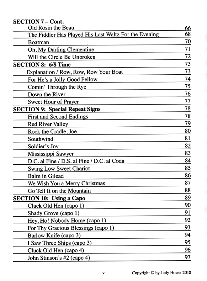 Table of contents, continued (sections 7 to 10), of Beginner's Guide To Mountain Dulcimer, Book 1