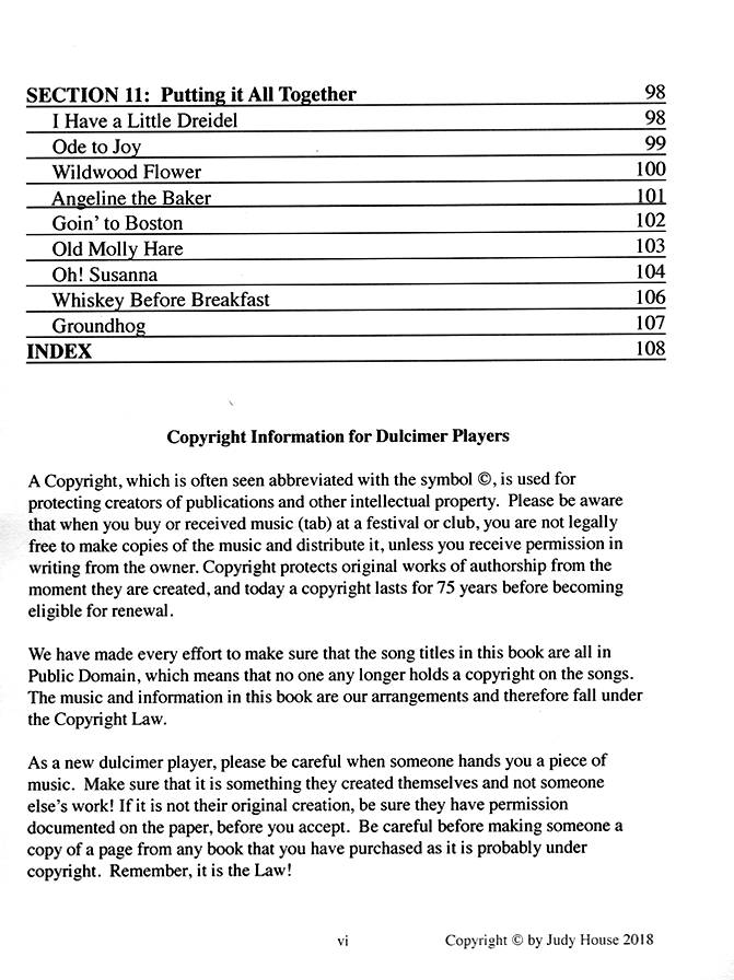 Table of contents, continued (section 11), and copyright information, from Beginner's Guide To Mountain Dulcimer, Book 1