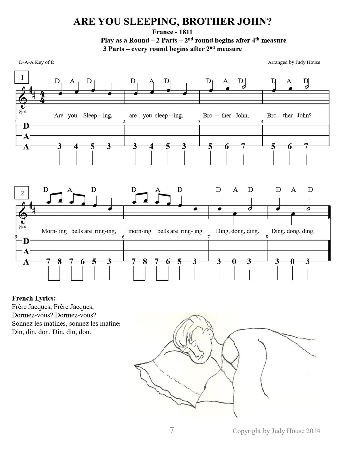 Are You Sleeping, Brother John? in dulcimer tab, from Dulcimers In The Schools, Student Edition by Judy House and Carol Crocker