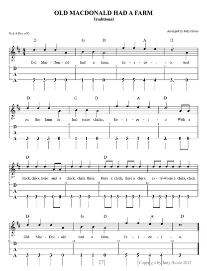 Old MacDonald Had A Farm in dulcimer tab, from Dulcimers In The Schools, Student Edition by Judy House and Carol Crocker