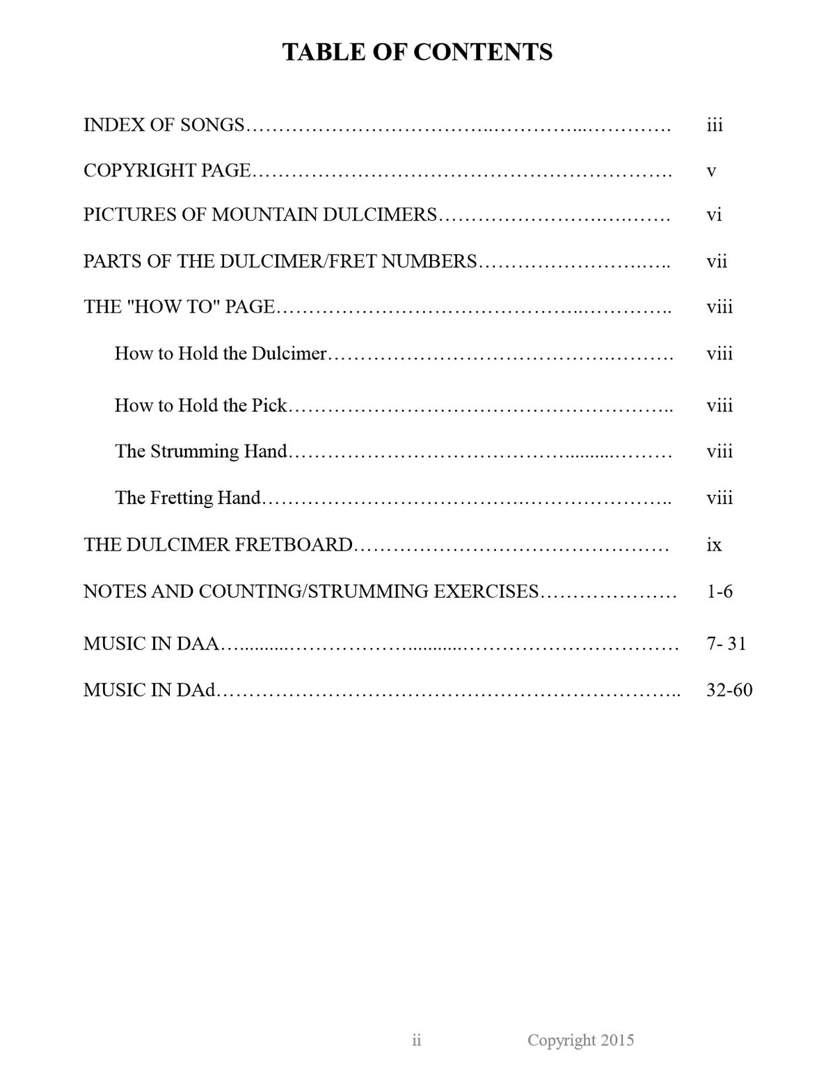 Table of contents of Dulcimers In The Schools, Student Edition by Judy House and Carol Crocker
