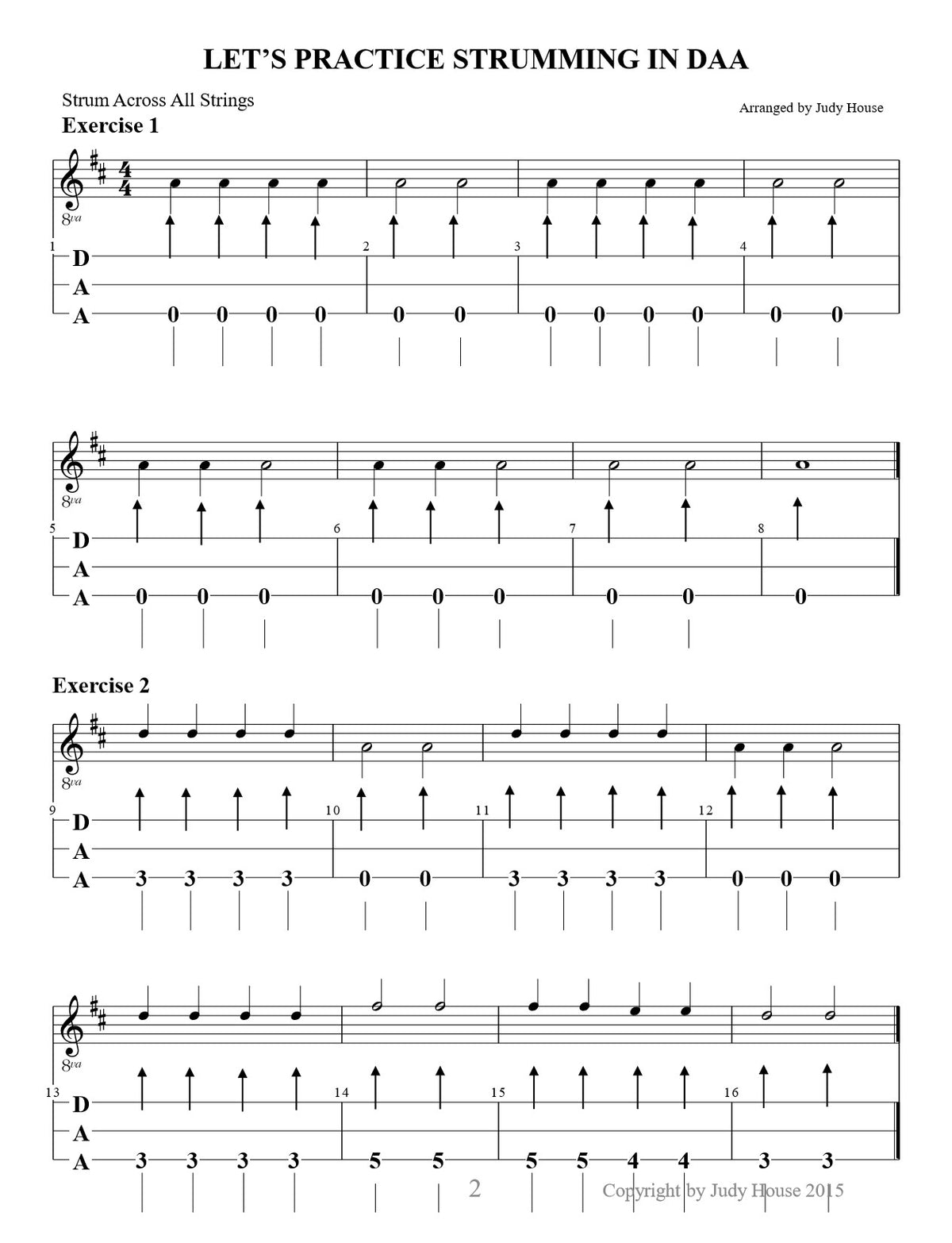 Let's Practice Strumming in DAA exercises, from Dulcimers In The Schools, Student Edition by Judy House and Carol Crocker