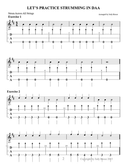 Let's Practice Strumming in DAA exercises, from Dulcimers In The Schools, Student Edition by Judy House and Carol Crocker