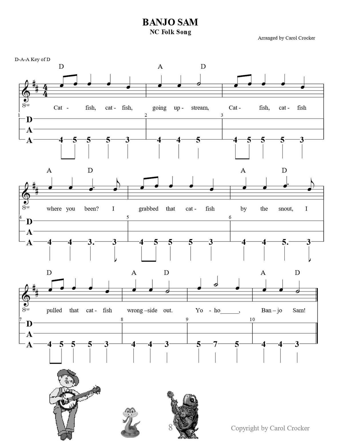 Banjo Sam in dulcimer tab, from Dulcimers In The Schools, Teacher's Manual by Judy House and Carol Crocker