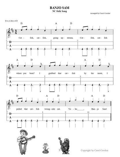 Banjo Sam in dulcimer tab, from Dulcimers In The Schools, Teacher's Manual by Judy House and Carol Crocker