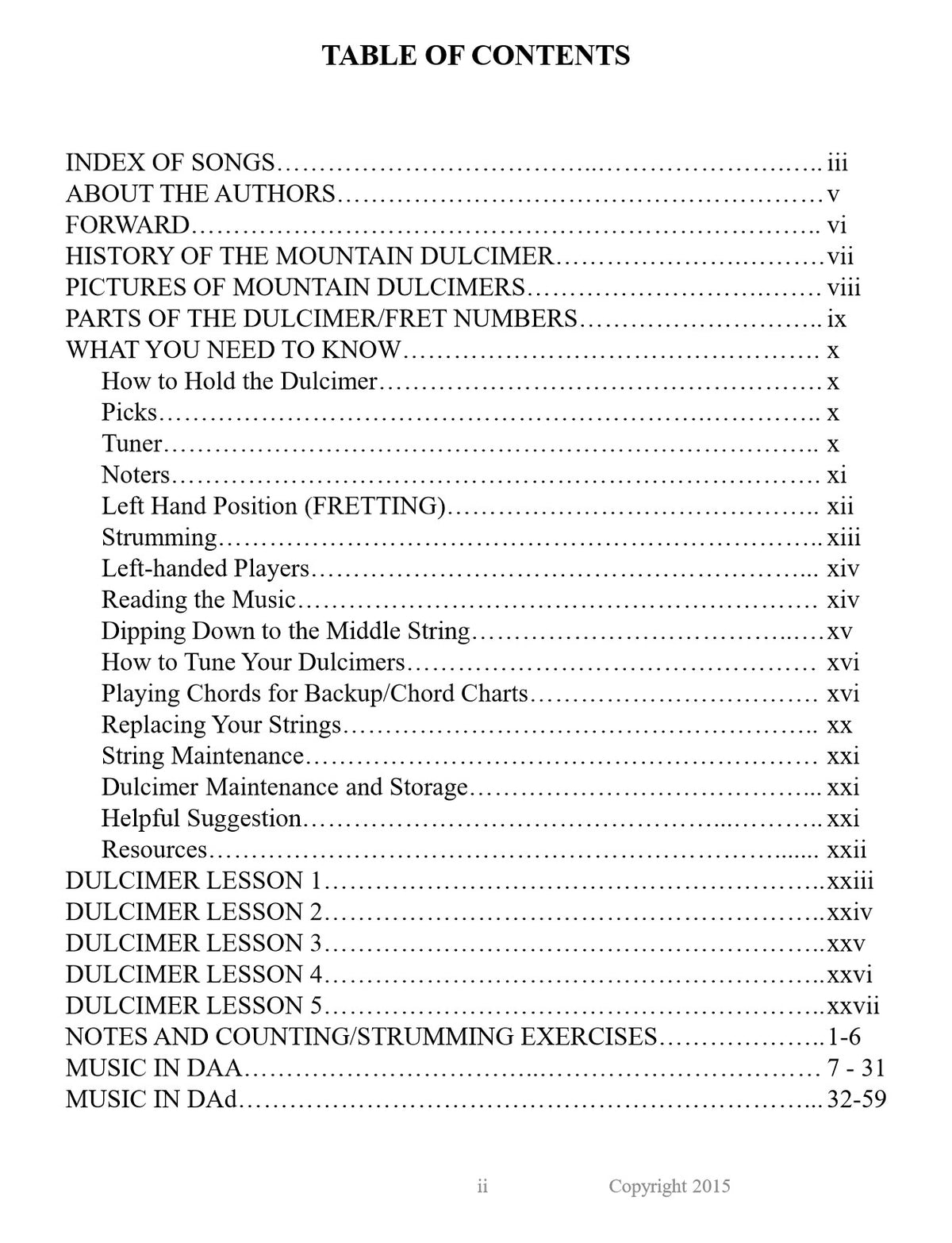 Table of contents of Dulcimers In The Schools, Teacher's Manual by Judy House and Carol Crocker