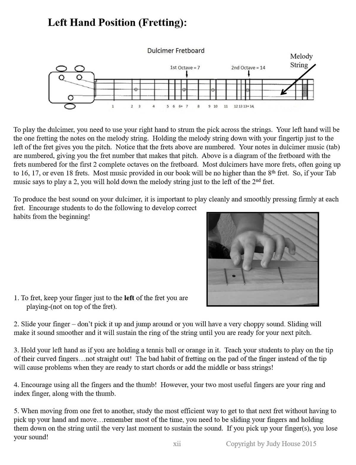 Sample page from Dulcimers In The Schools, Teacher's Manual: Left Hand Position (Fretting)