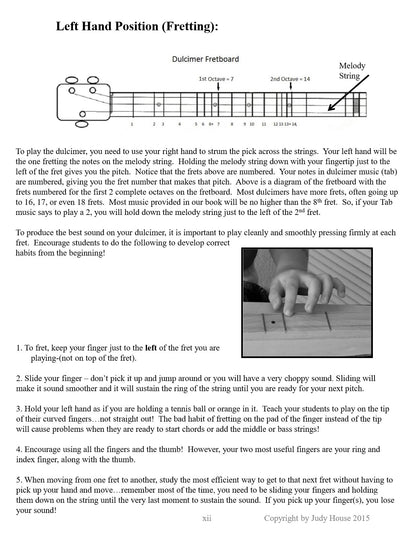 Sample page from Dulcimers In The Schools, Teacher's Manual: Left Hand Position (Fretting)