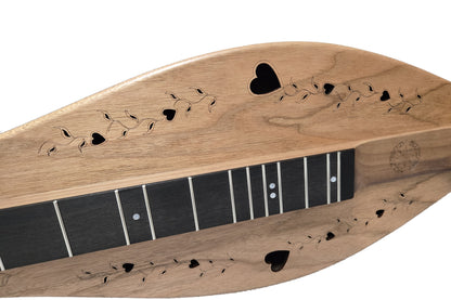 FolkRoots H Series mountain dulcimer, walnut body, butternut top, soundhole detail