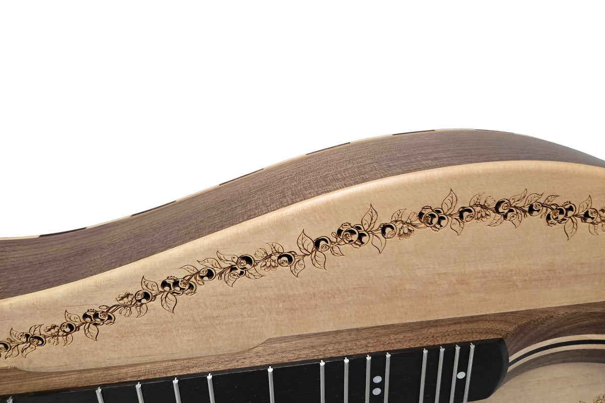 Folkcraft Custom Series mountain dulcimer, walnut body, spruce top, soundhole detail