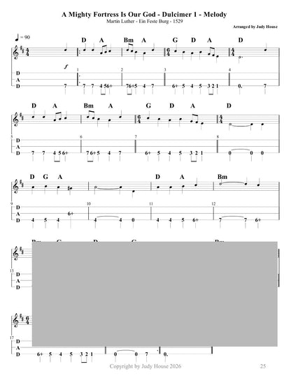 A Mighty Fortress Is Our God in mountain dulcimer tab, from Classic Hymns In Multiple Parts by Judy House