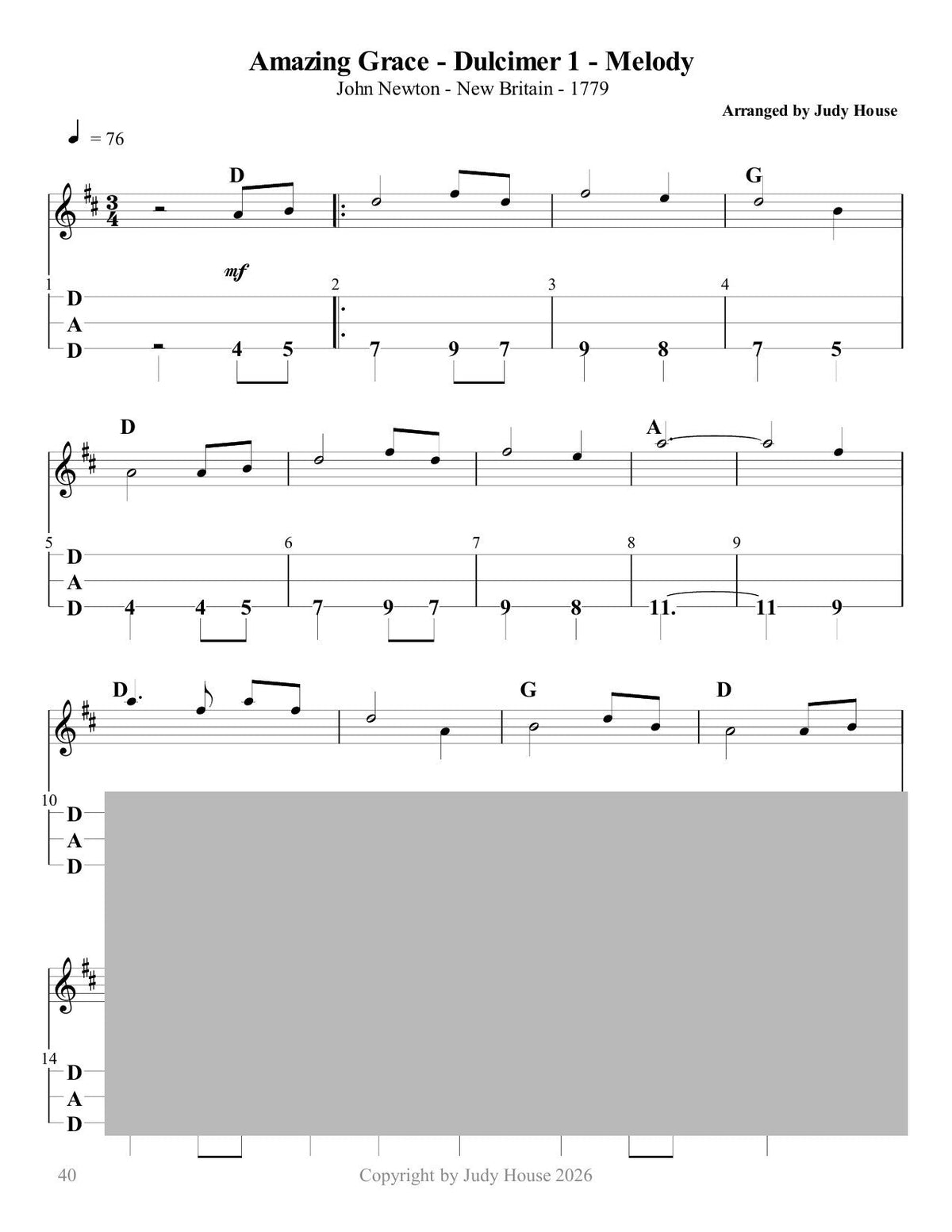 Amazing Grace in mountain dulcimer tab, from Classic Hymns In Multiple Parts by Judy House