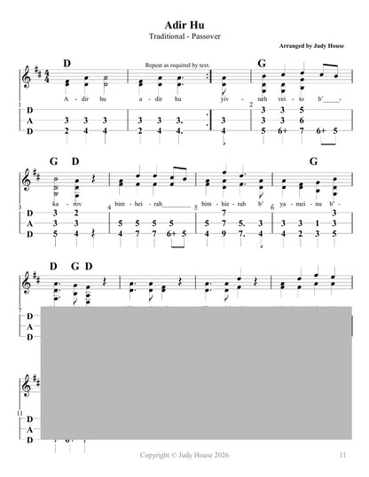 Adir Hu in mountain dulcimer tab, from A Collection Of Jewish Music For The Mountain Dulcimer by Judy House