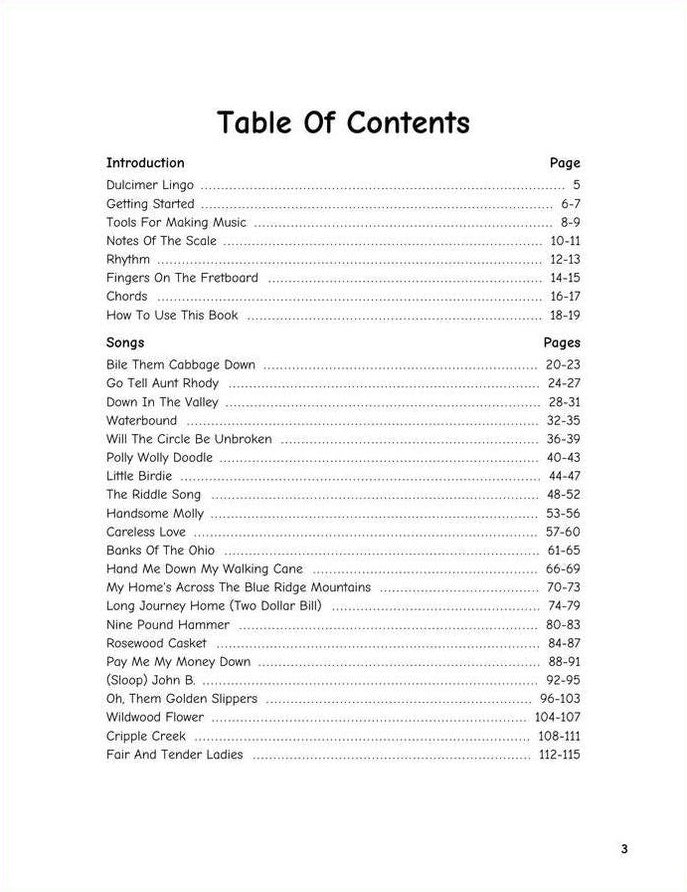 Lorinda Jones - Traditional Playing Of The Mountain Dulcimer, table of contents
