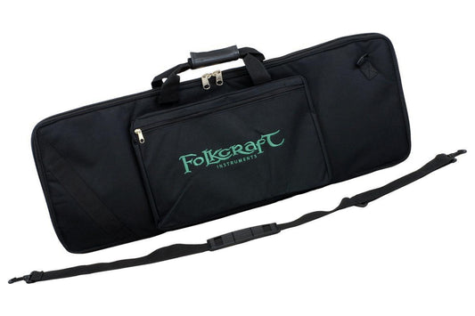 Bowed psaltery carrying case, black, embroidered Folkcraft logo, front view with shoulder strap