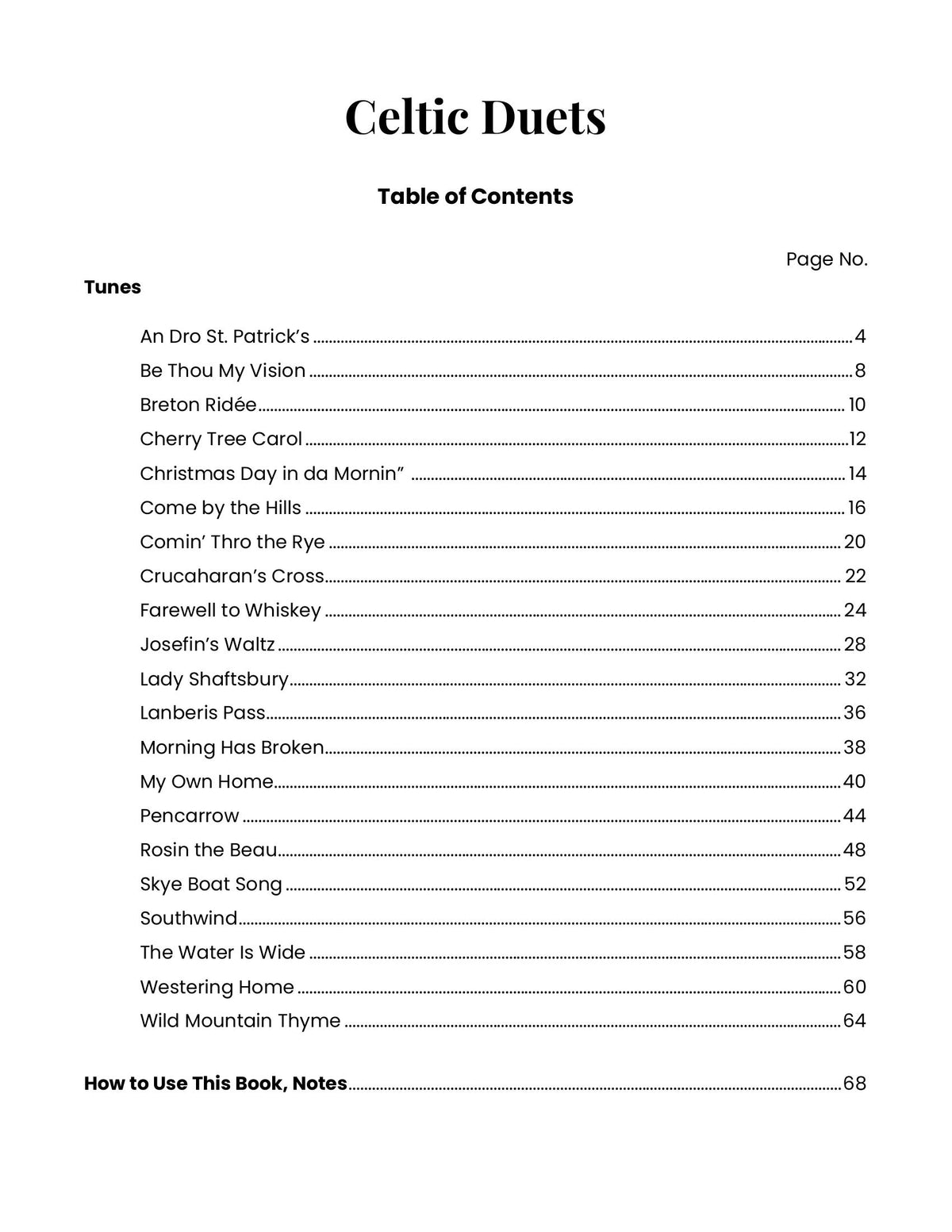 Table of contents of Celtic Duets by Linda Weber Collins