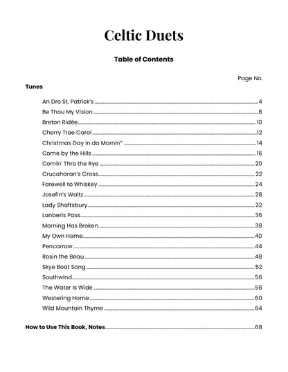 Table of contents of Celtic Duets by Linda Weber Collins