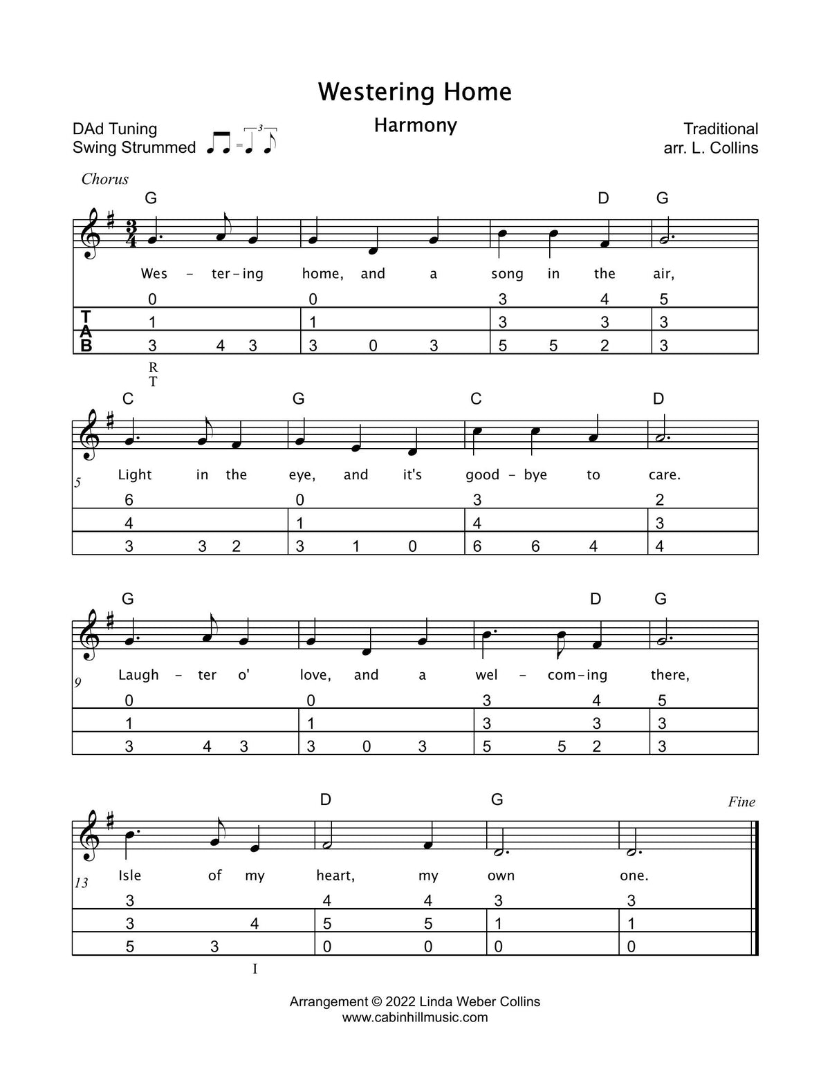 Westering Home (harmony) in mountain dulcimer tab, from Celtic Duets by Linda Weber Collins