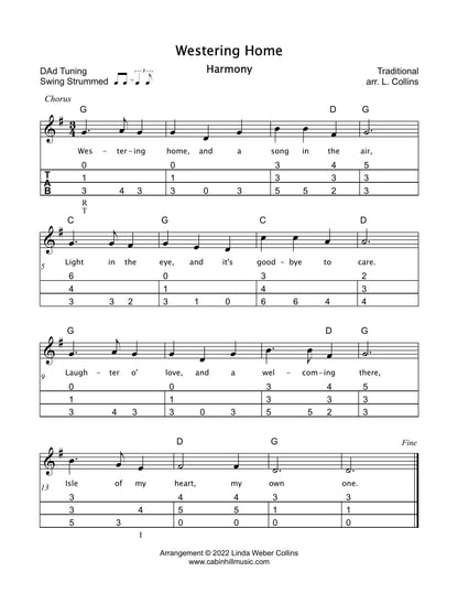 Westering Home (harmony) in mountain dulcimer tab, from Celtic Duets by Linda Weber Collins