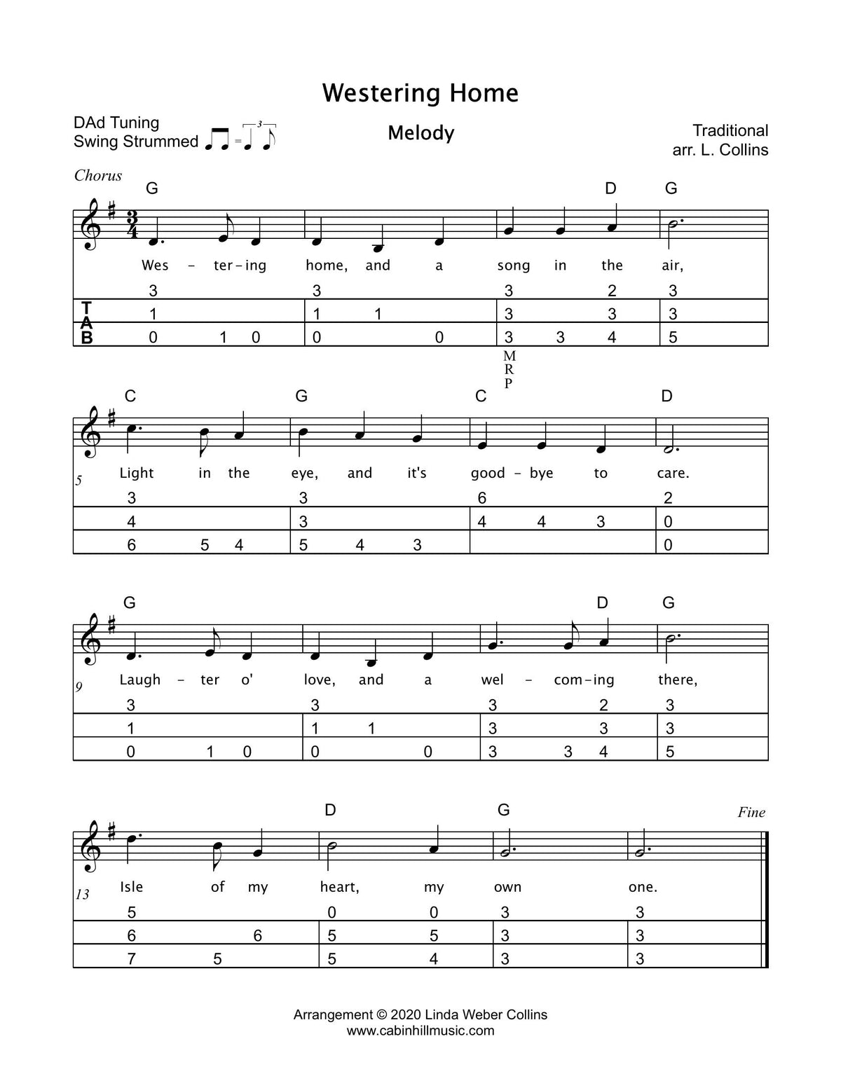 Westering Home (melody) in mountain dulcimer tab, from Celtic Duets by Linda Weber Collins
