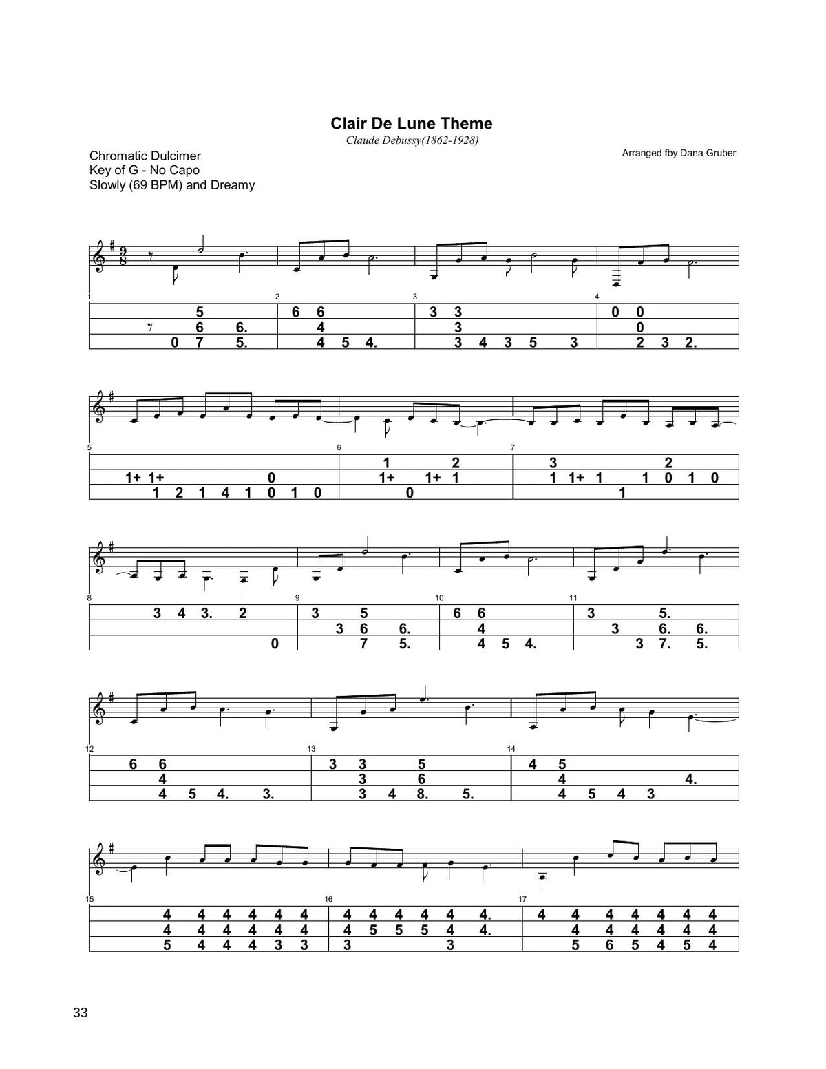 Clair De Lune Theme in mountain dulcimer tab, from Classical Melodies For Chromatic Mountain Dulcimer by Dana Gruber