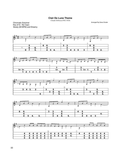 Clair De Lune Theme in mountain dulcimer tab, from Classical Melodies For Chromatic Mountain Dulcimer by Dana Gruber