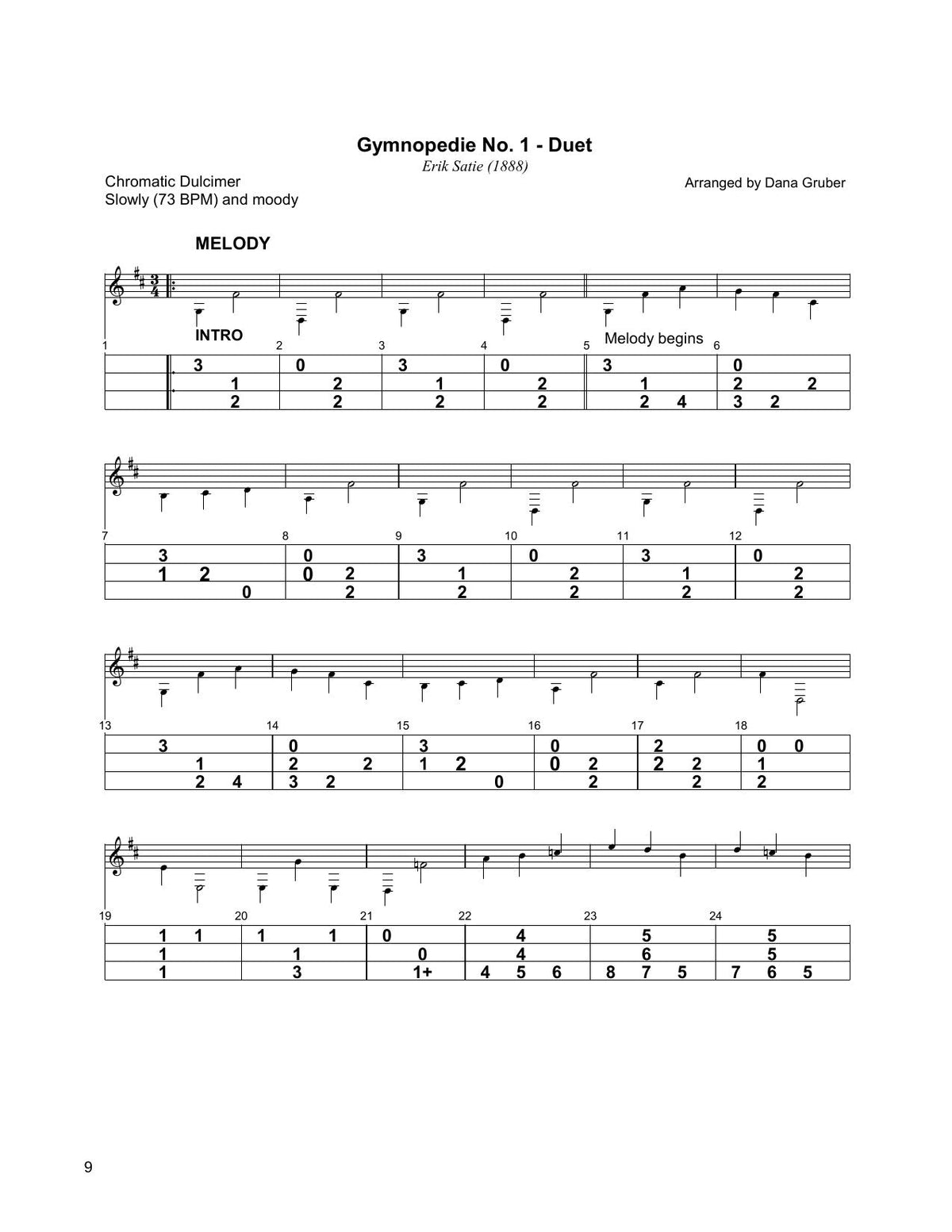 Gymnopedie No. 1 in mountain dulcimer tab, from Classical Melodies For Chromatic Mountain Dulcimer by Dana Gruber