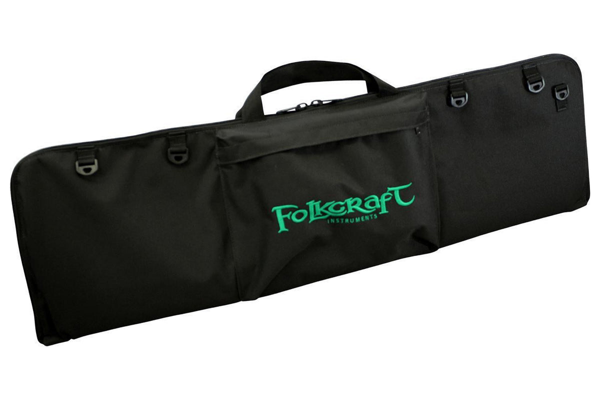 Dulcimer carrying case, black, embroidered Folkcraft Instruments logo, front view