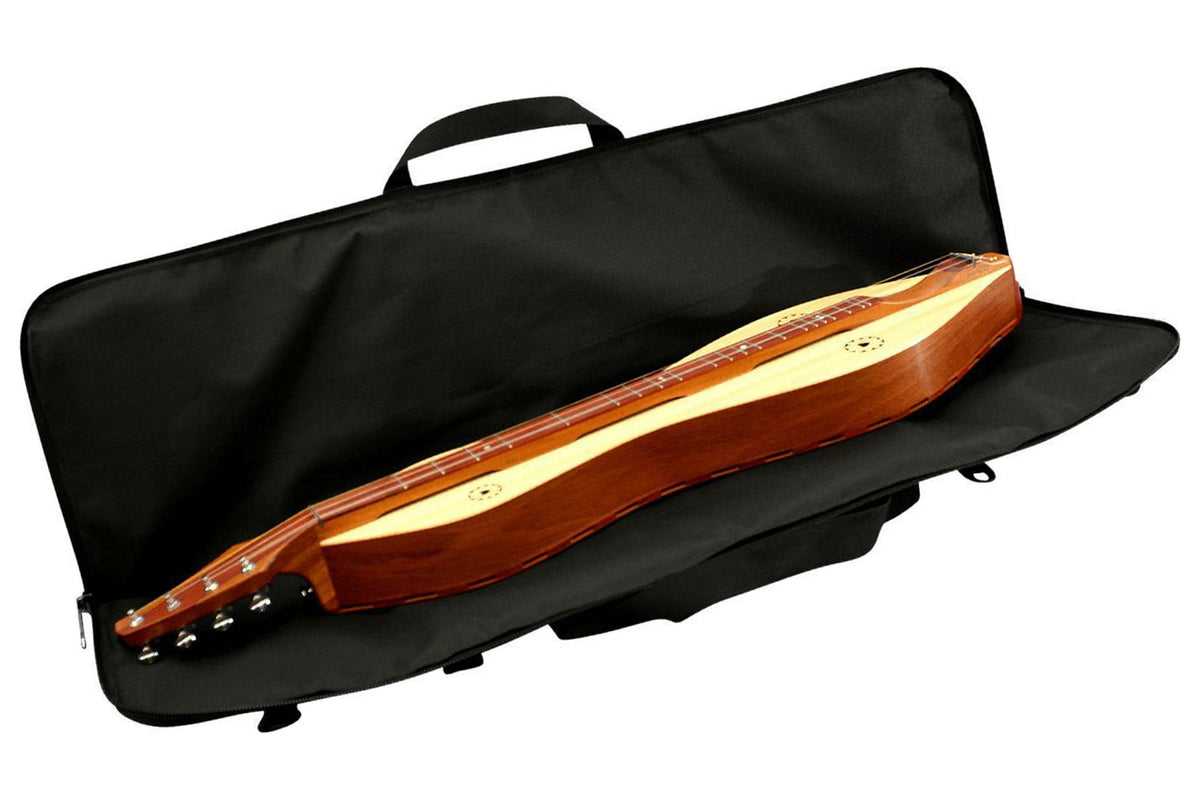 Dulcimer carrying case, black, open with a mountain dulcimer inside