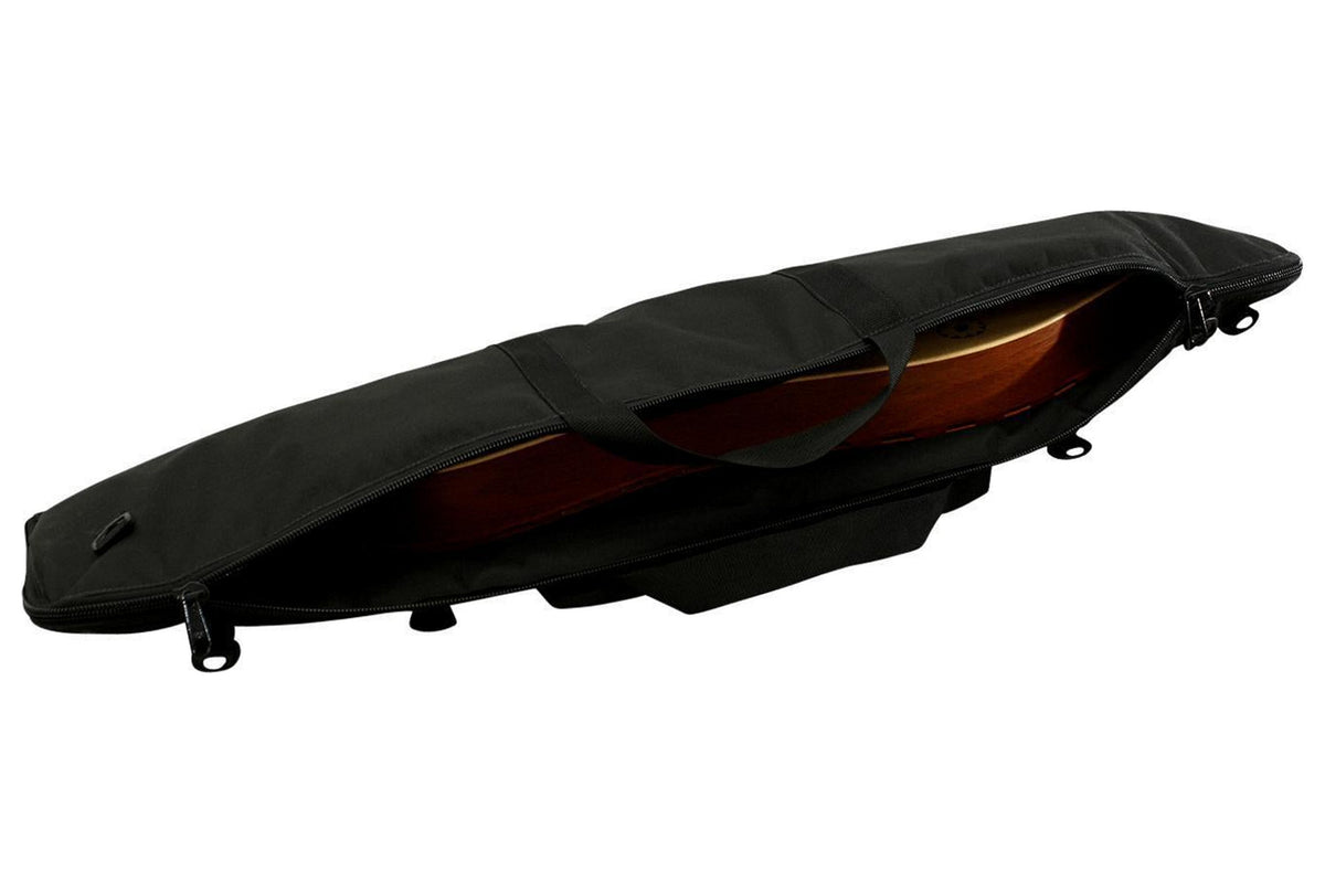 Dulcimer carrying case, black, back, partly unzipped with a mountain dulcimer inside