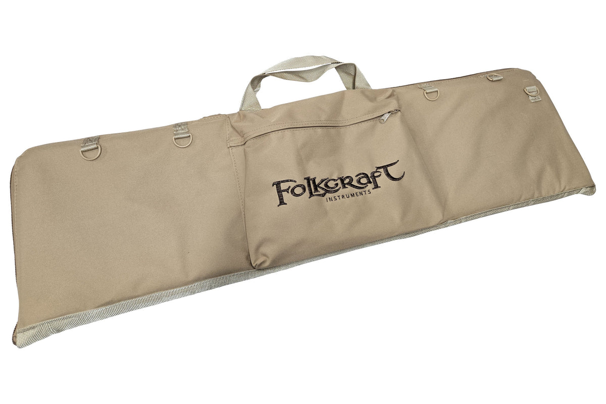 Dulcimer carrying case, tan, embroidered Folkcraft Instruments logo, front view